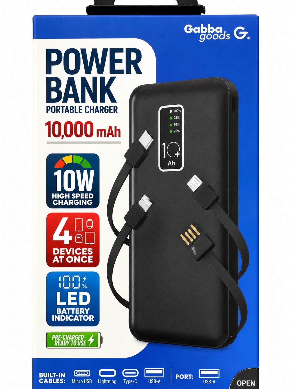 NEW Gabba Goods 10,000mAh Power Bank 4 Built-In Cables LCD Phone Stand Black